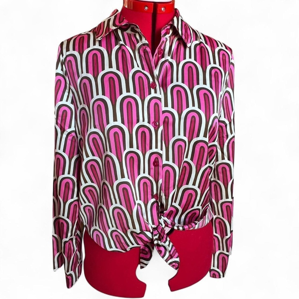 Rachel Zoe Pink Brown Retro Satin Front Tie Flared Sleeve Blouse M NWT